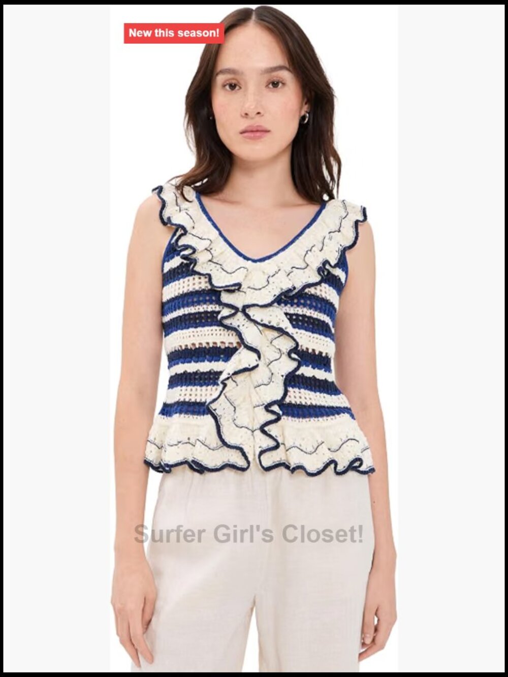 Lightweight Cotton Acrylic Knit Sleeveless V-Neck Ruffle Tank Top